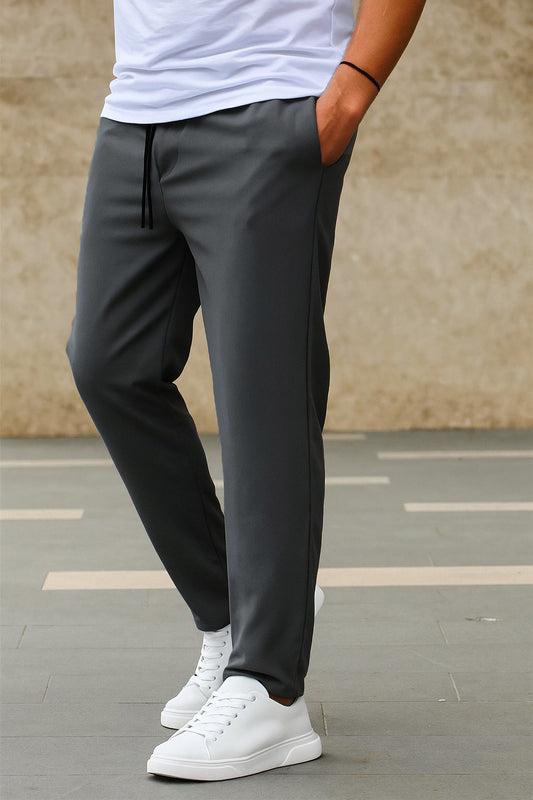 Textured Slim Fit Trouser-Charcoal Grey