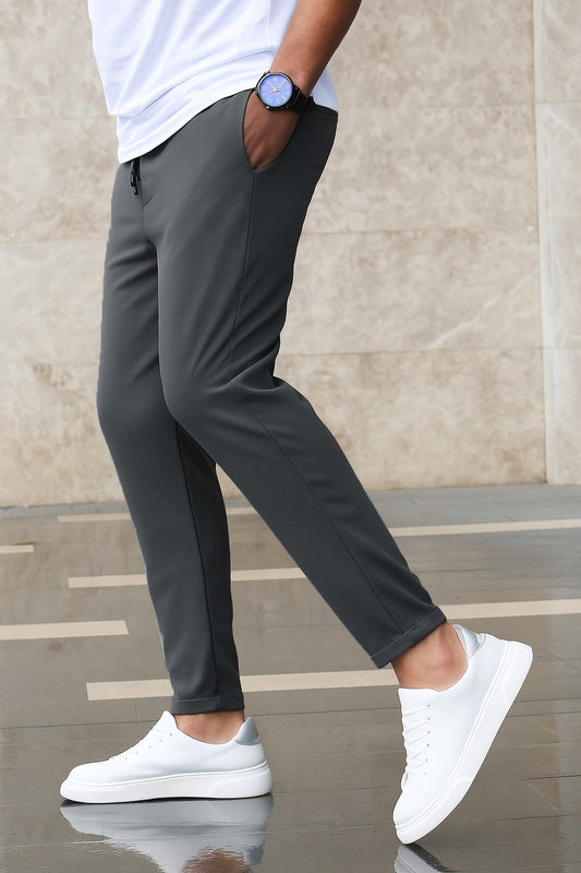 Textured Slim Fit Trouser-Charcoal Grey