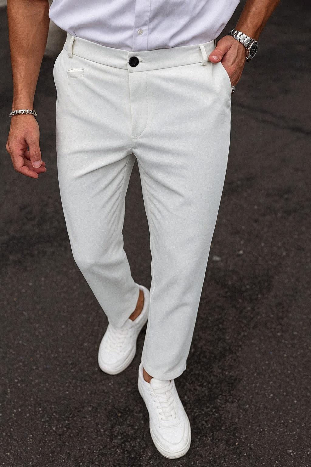 Cotton Textured Slimfit Pant-White