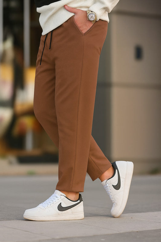 Textured Slim Fit Trouser-Camel Brown