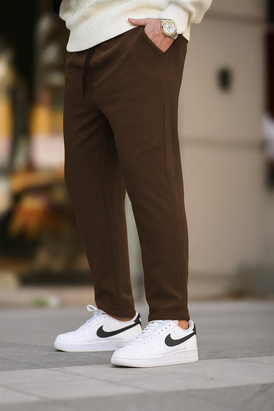Textured Slim Fit Trouser-Dark Brown