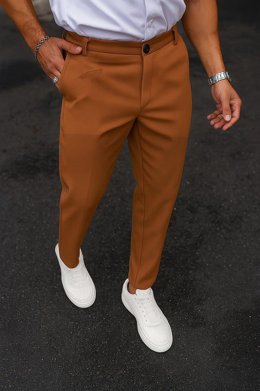 Cotton Textured Slimfit Pant-Camel Brown