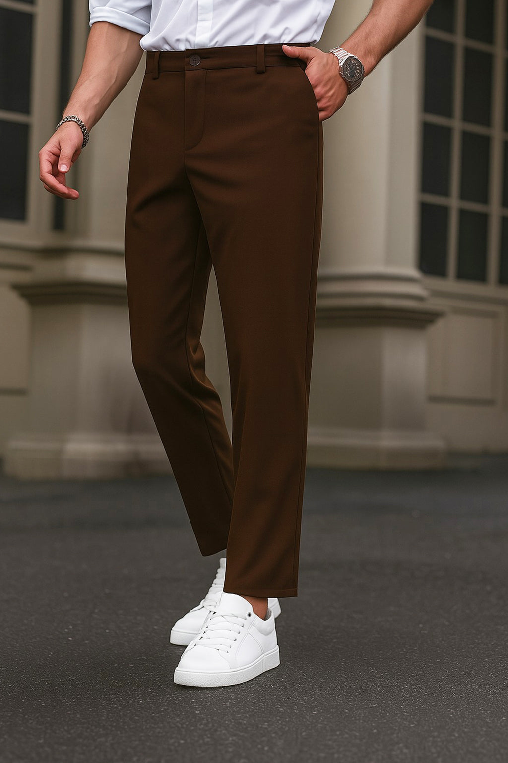 Cotton Textured Slimfit Pant-Dark Brown