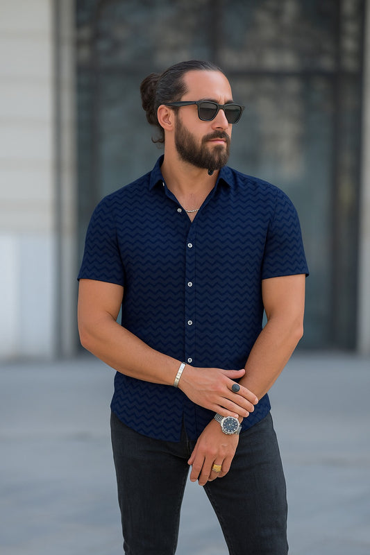 Linen Navy Wave Line