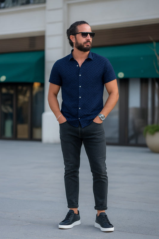 Linen Navy Wave Line