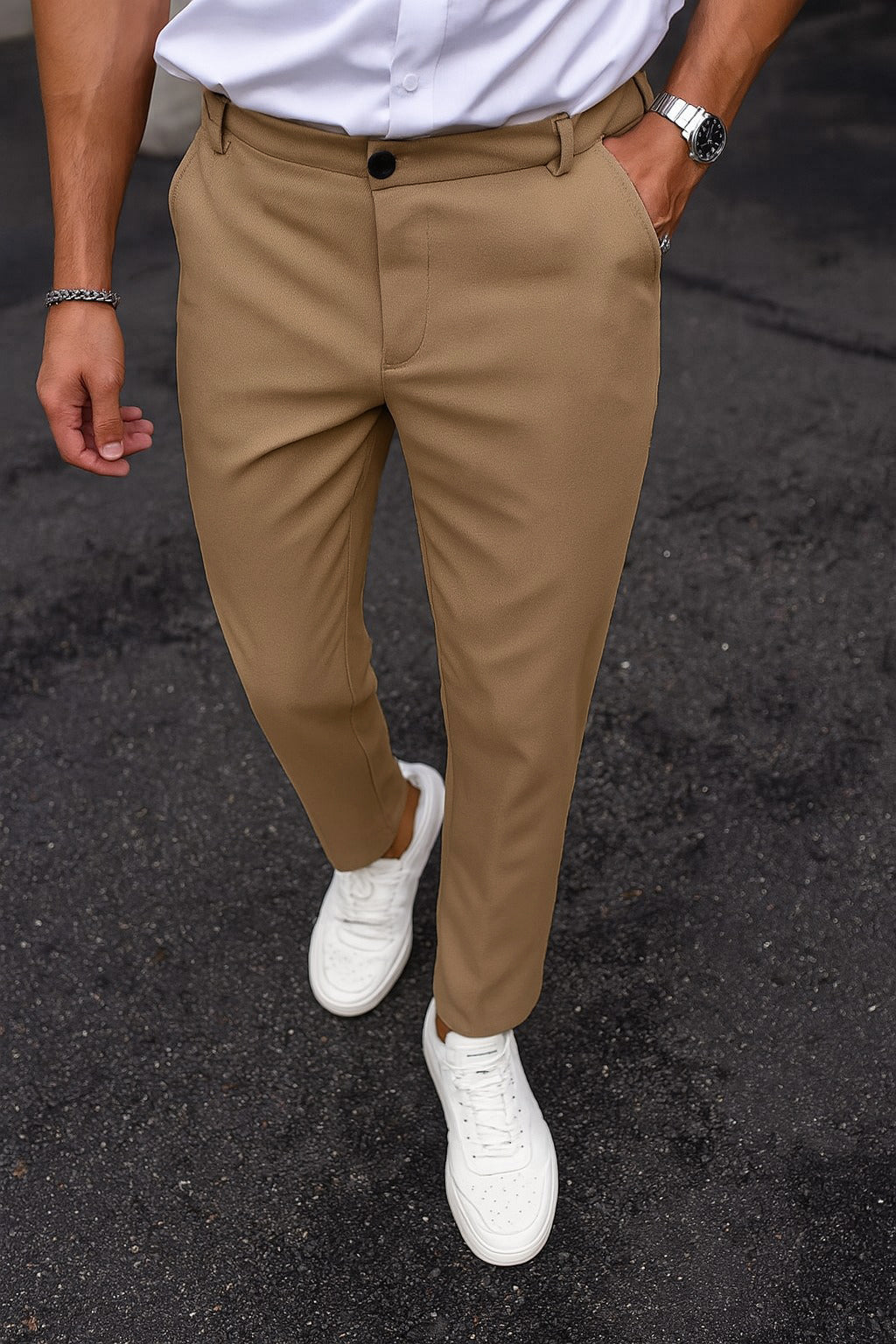 Cotton Textured Slimfit Pant-Skin