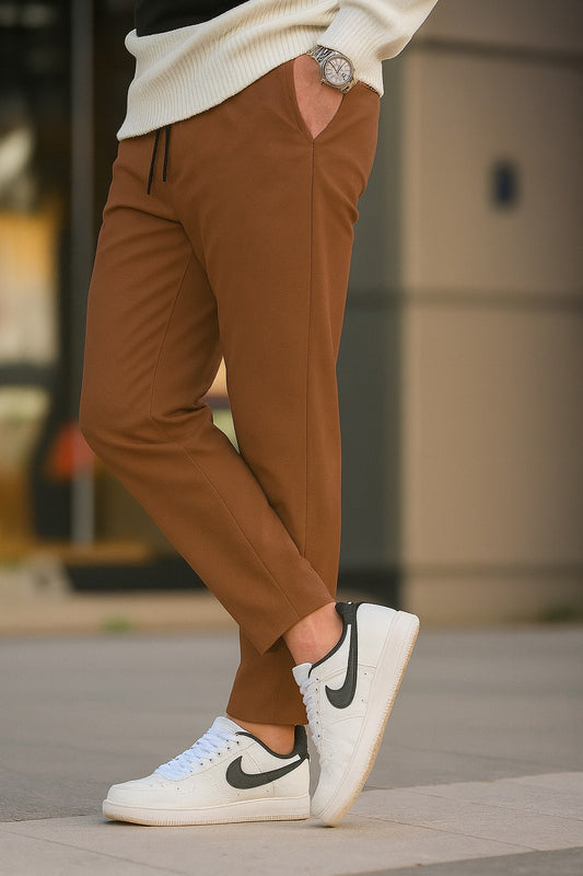 Textured Slim Fit Trouser-Camel Brown