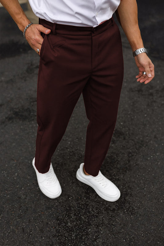 Cotton Textured Slimfit Pant-Burgundy Maroon