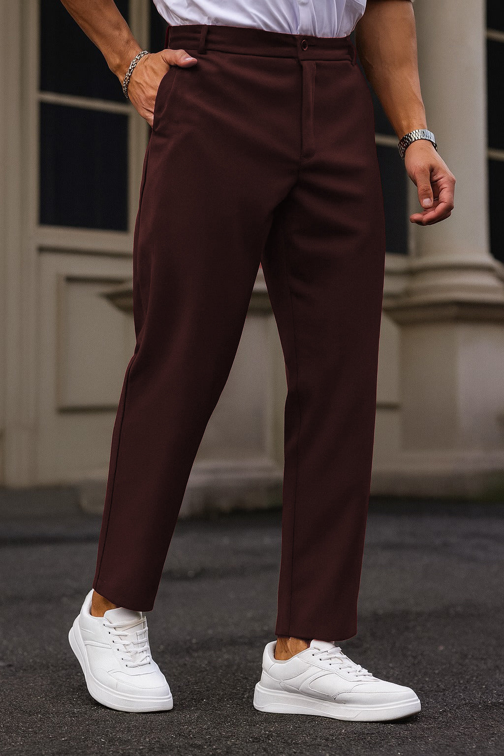 Cotton Textured Slimfit Pant-Burgundy Maroon