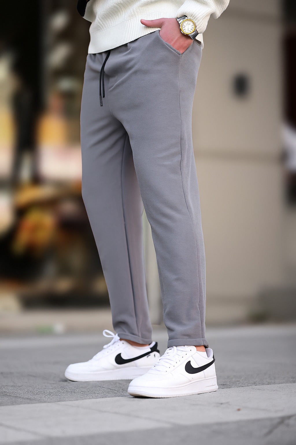Textured Slim Fit Trouser-Silver Grey