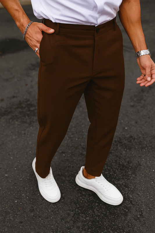 Cotton Textured Slimfit Pant-Dark Brown