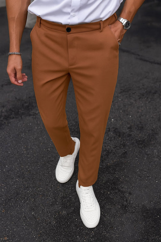 Cotton Textured Slimfit Pant-Camel Brown